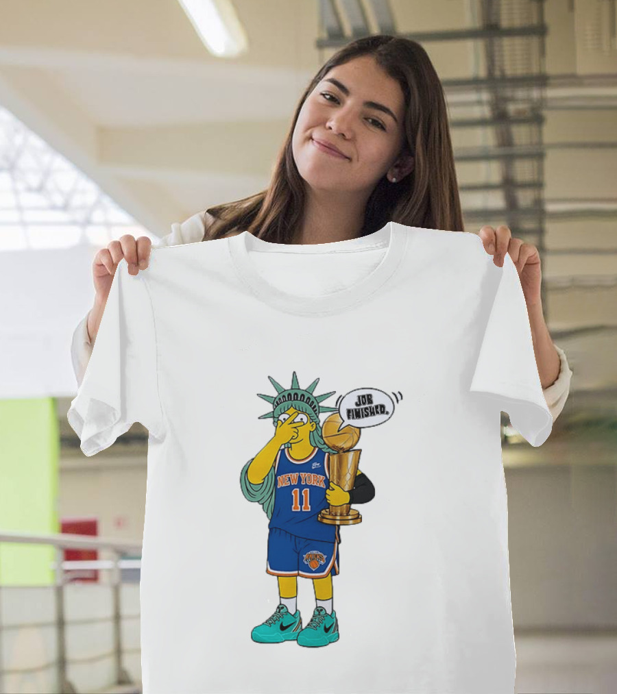 Statue Of Liberty Simpsons Jalen Brunson Hug Trophy New York Knicks Job Finished 2026 NBA Championship T-Shirt