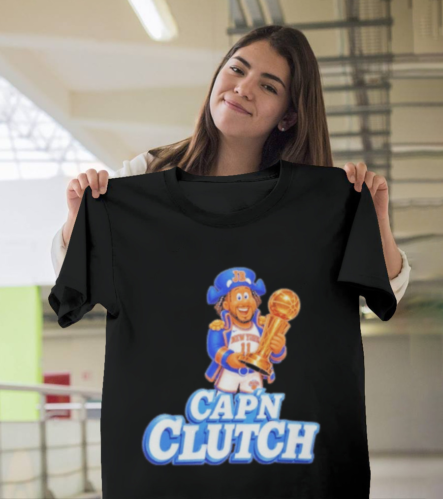 Cap'n Clutch Jalen Brunson New York Knicks Trophy Celebration T-Shirt