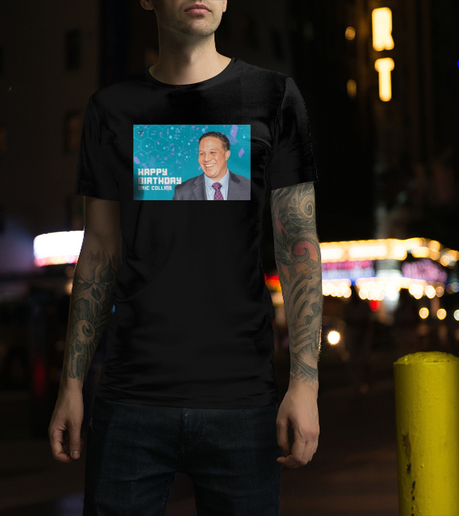 Happy 57th Birthday Eric Collins Celebration With Smiling Man And Turquoise Hexagonal T-Shirt