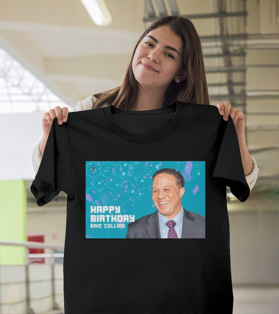 Happy 57th Birthday Eric Collins Celebration With Smiling Man And Turquoise Hexagonal T-Shirt