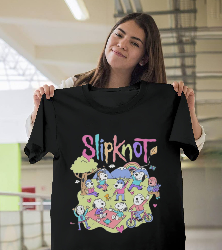 Snoopy Peanuts Characters Playing In Park With Slipknot T-Shirt