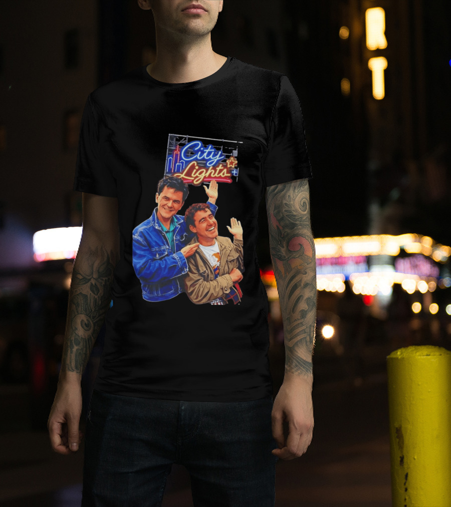 Two Men Smiling And Waving City Lights Neon Sign T-Shirt