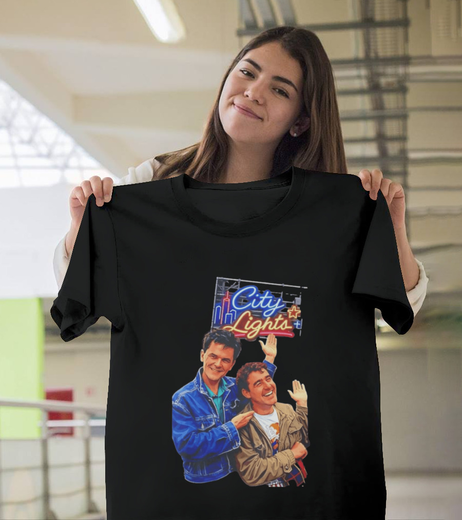 Two Men Smiling And Waving City Lights Neon Sign T-Shirt