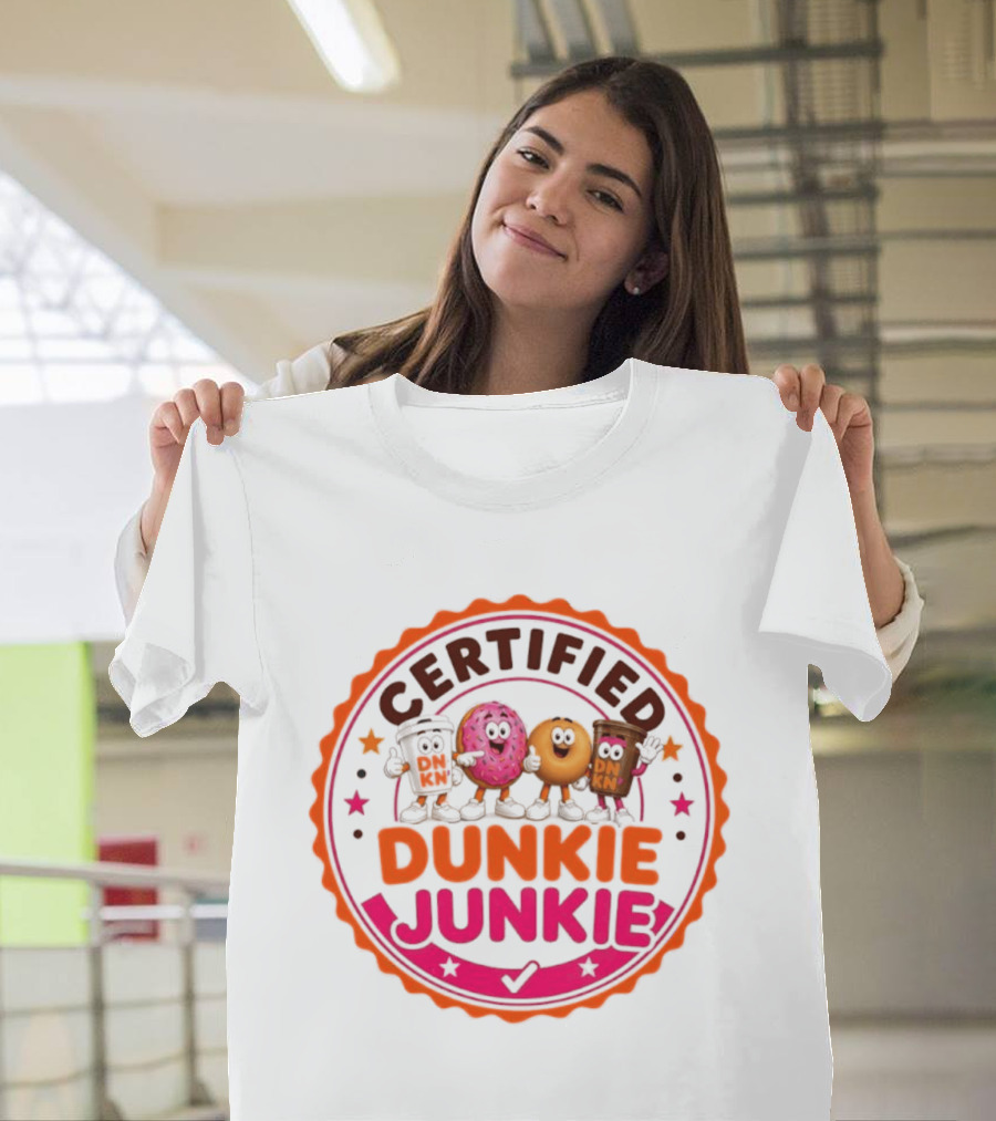 Certified Dunkie Junkie Characters Badge Coffee Donut Fun T-Shirt