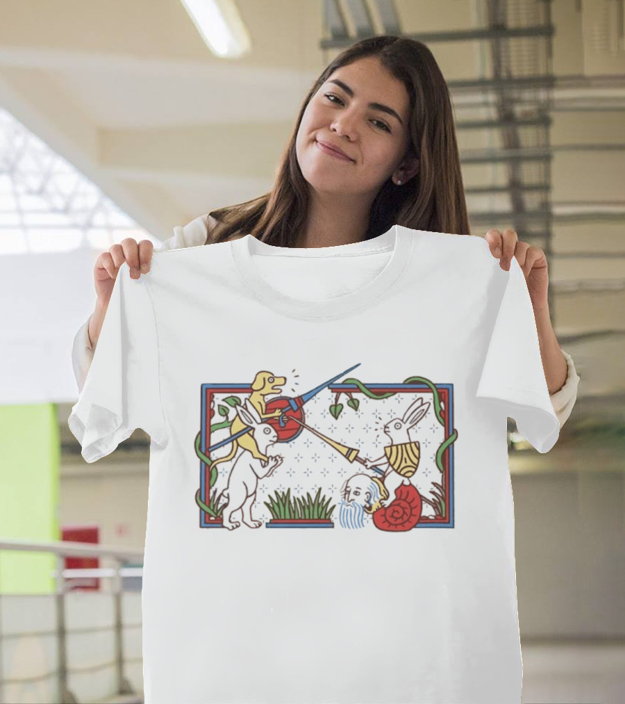 Medieval Dog And Rabbit Jousting Battle Scene With Snail And Sword T-Shirt