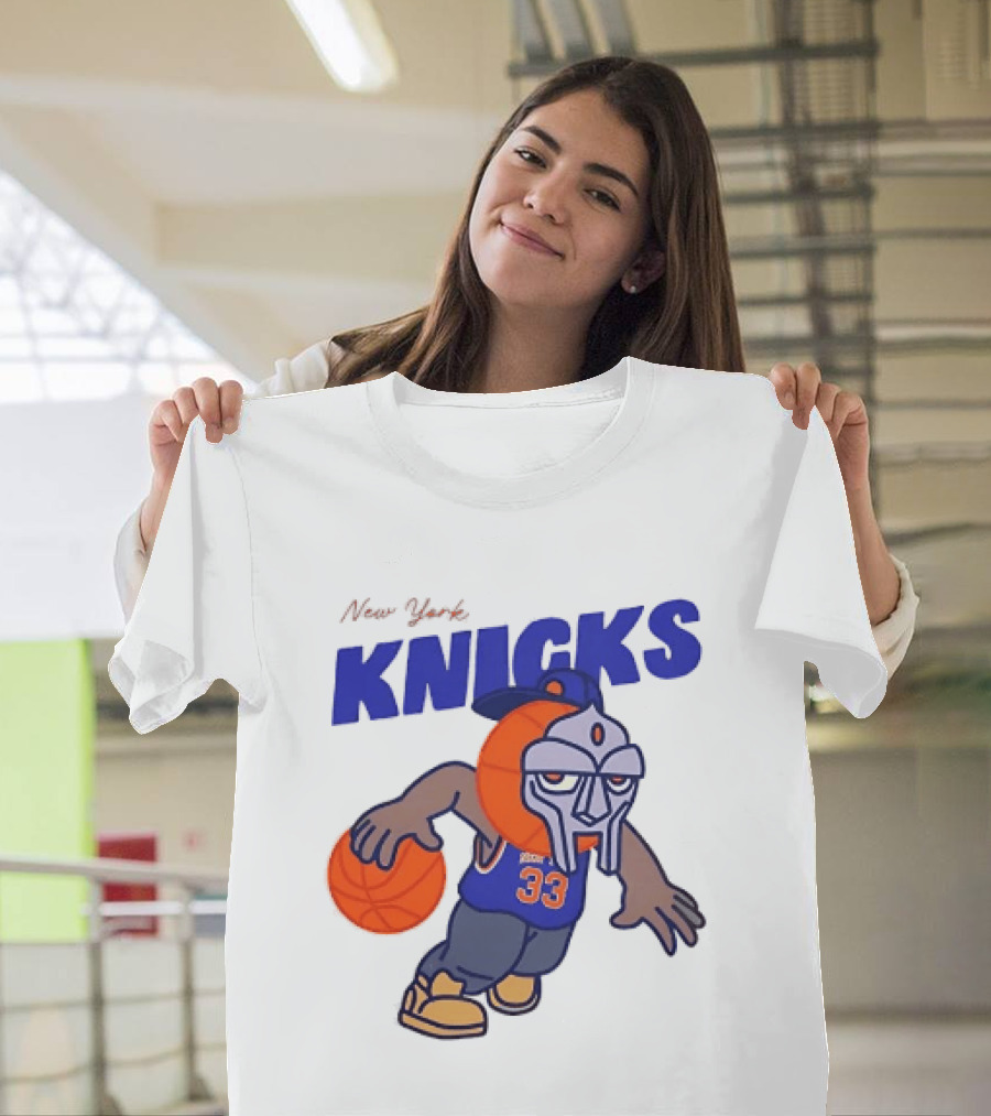 New York Knicks MF DOOM Basketball Mask Number 33 Dribbling T-Shirt