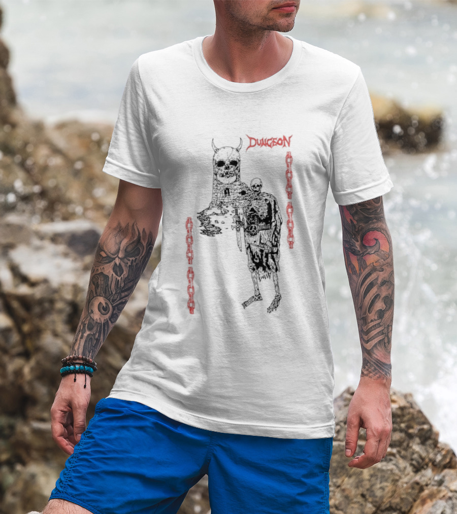 Dungeon Skeleton Warrior Heavy Metal Band Red Chains T-Shirt
