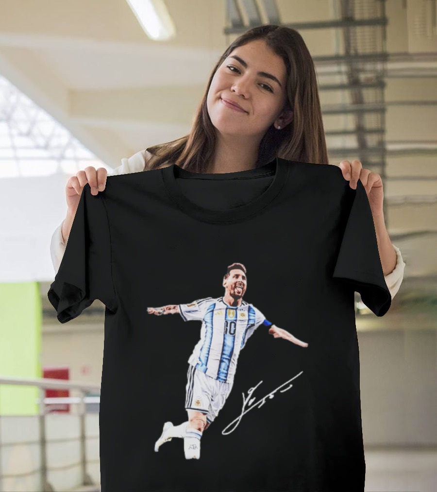 Lionel Messi 10 Argentina Jersey Signature Soccer Legend Celebration T-Shirt