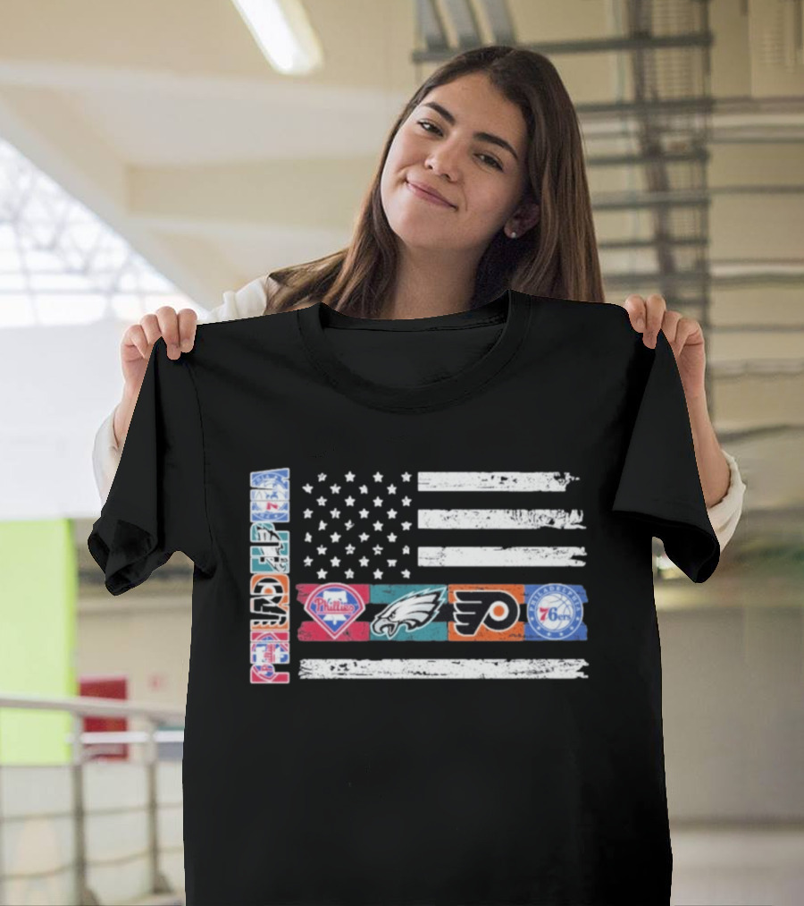 Philadelphia Sports Teams 250th Anniversary USA Flag Phillies Eagles Flyers 76ers T-Shirt