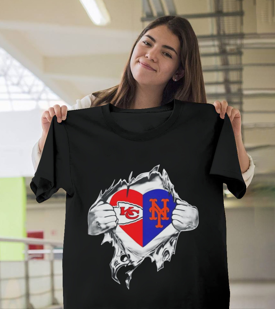 Kansas City Chiefs New York Mets Heart Torn Chest Combo T-Shirt