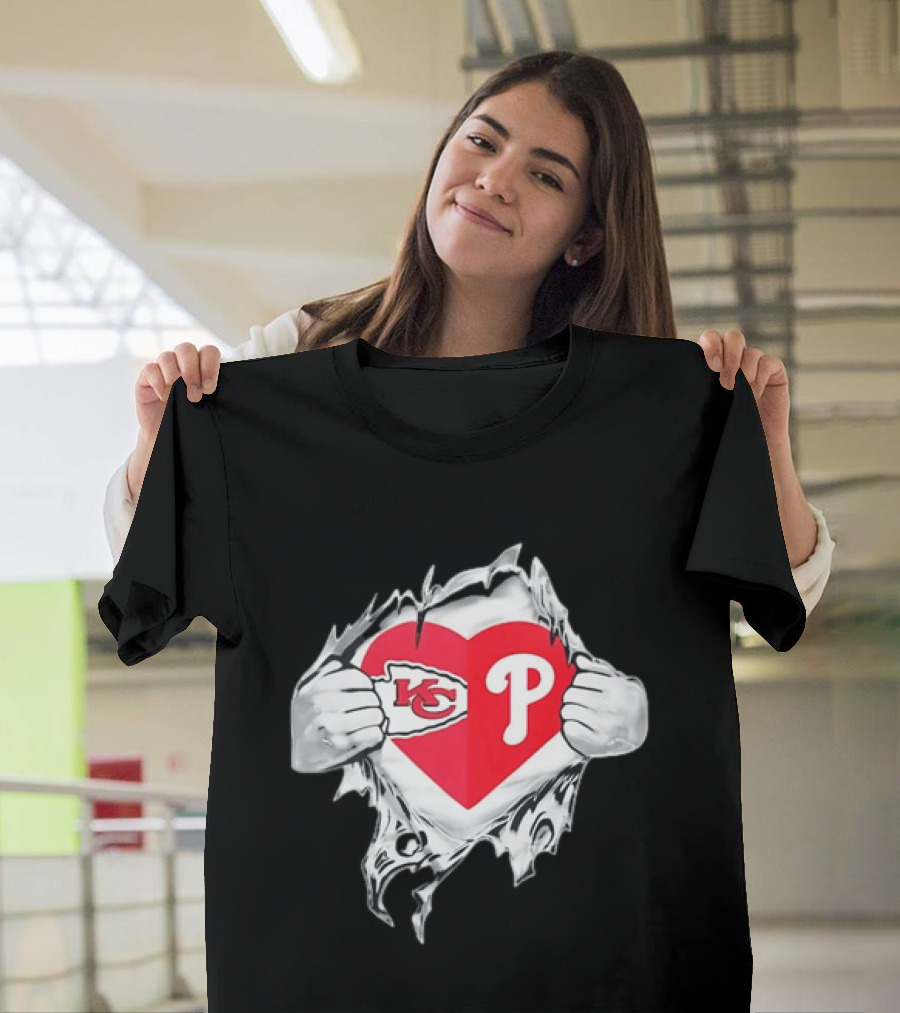 KC Phillies Rip Heart Chiefs Phillies Fan T-Shirt