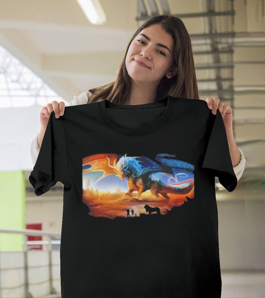 Giant Dragon In Radiant Golden Light With Blue And Orange Wings T-Shirt