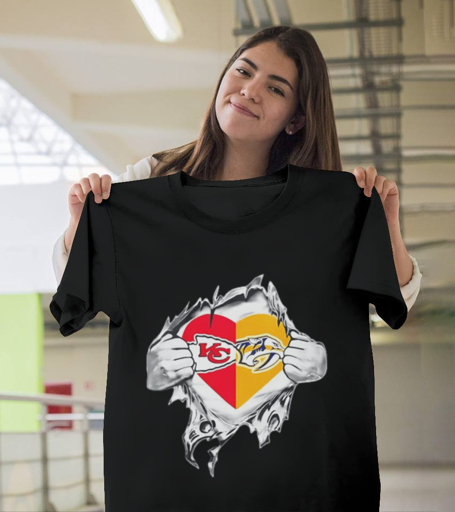 Kansas City Chiefs Nashville Predators Heart Ripping Open T-Shirt