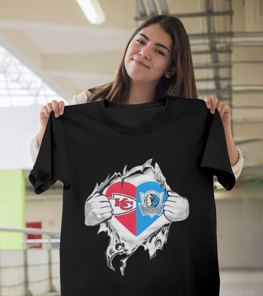 Kansas City Chiefs Dallas Mavericks Heart Ripped Open NFL NBA Crossover Fan Gear T-Shirt