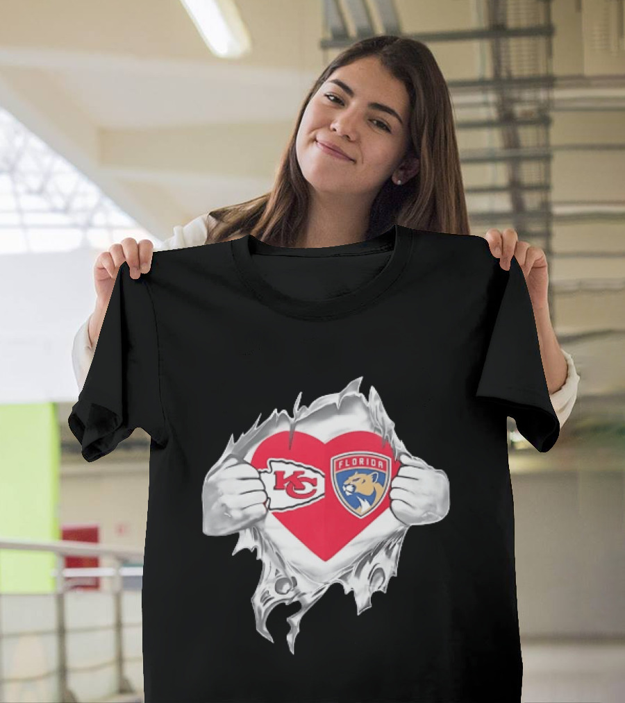 KC Chiefs Florida Panthers Heart Ripped Chest Kansas City NFL Florida NHL Fans T-Shirt