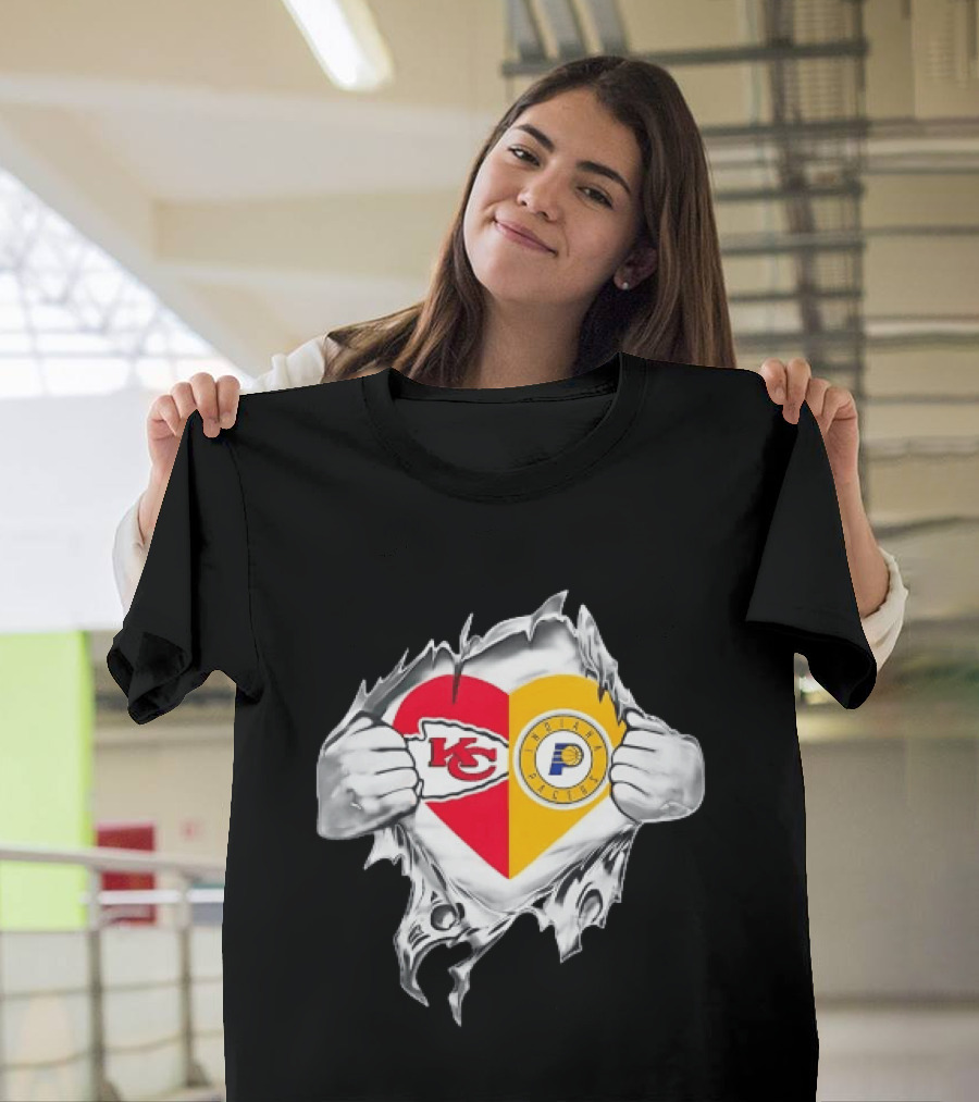 Kansas City Chiefs Indiana Pacers Heart Torn Open T-Shirt