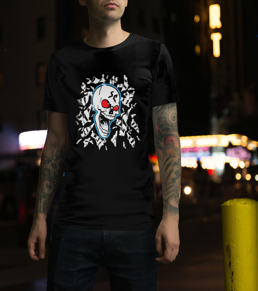 SC Skull Breaking Glass Explosive Red Eyes Fractured Blue T-Shirt