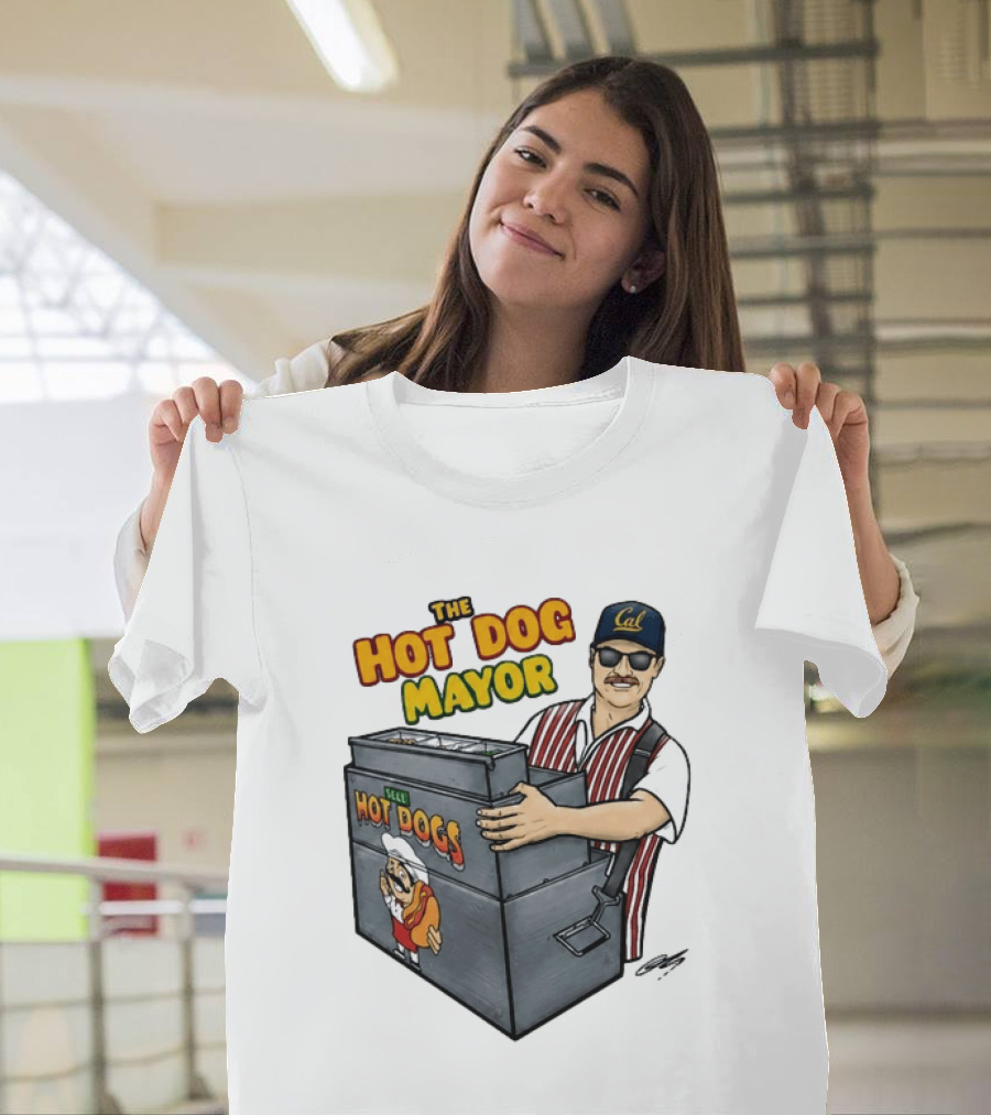 The Hot Dog Mayor Vendor With Cal Hat And Hot Dogs Cart T-Shirt