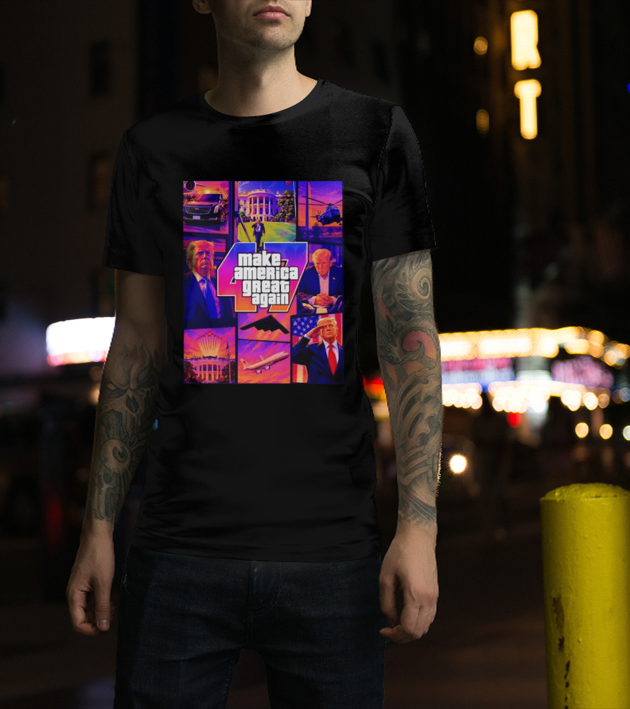 Make America Great Again GTA 47 Parody Trump White House Military Aircraft Montage T-Shirt