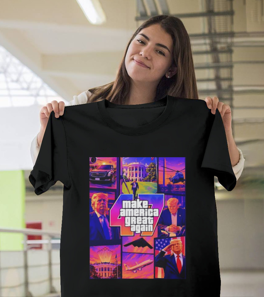 Make America Great Again GTA 47 Parody Trump White House Military Aircraft Montage T-Shirt