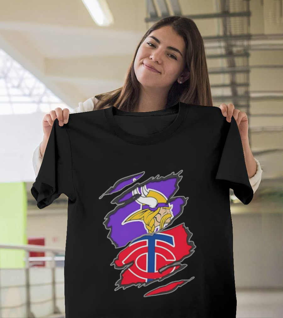 Minnesota Vikings Minnesota Twins Iconic Team Collaboration Ripped T-Shirt