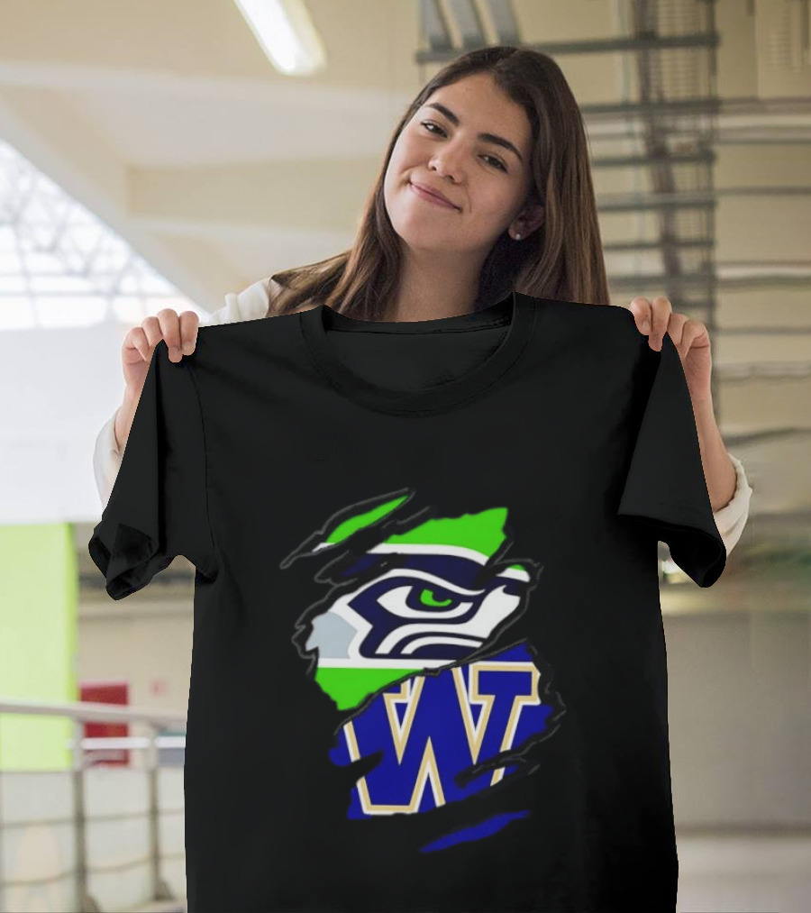 Seattle Seahawks Washington Huskies Ripped Through Logos T-Shirt