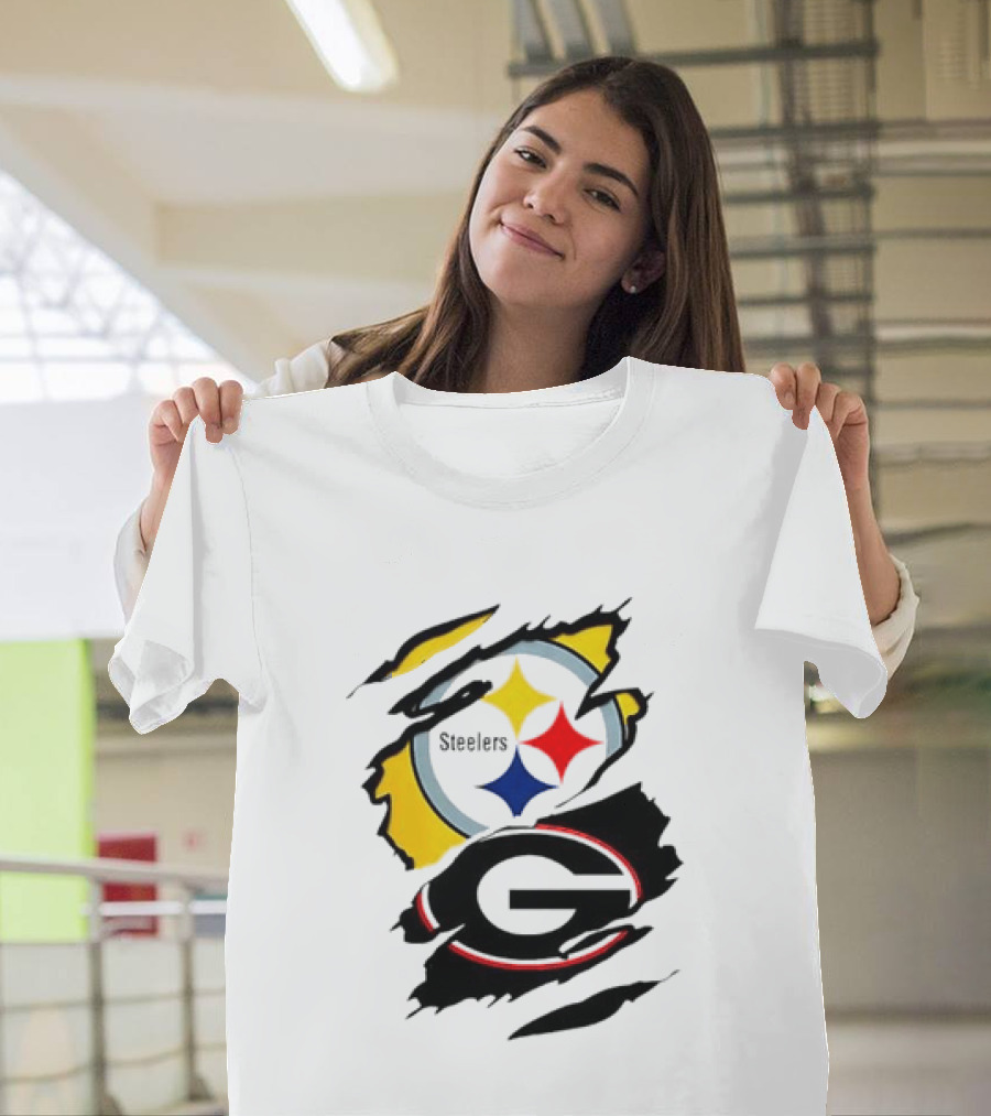 Pittsburgh Steelers Georgia Bulldogs NCAA Football Ripped Torn Effect T-Shirt