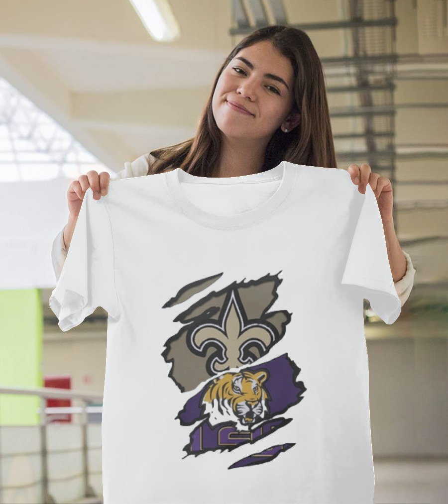 New Orleans Saints LSU Tigers Beneath The Surface Fleur De Lis Tiger Split T-Shirt