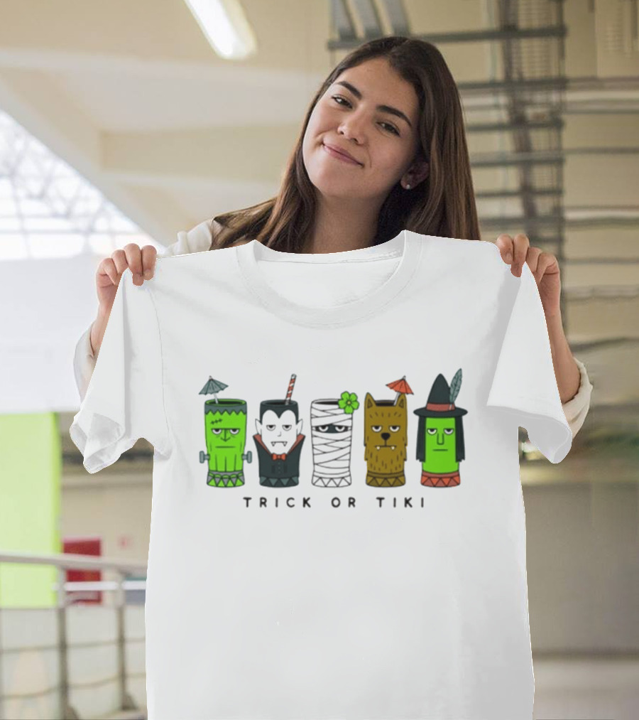 Trick Or Tiki Frankenstein Vampire Mummy Werewolf Witch Halloween T-Shirt