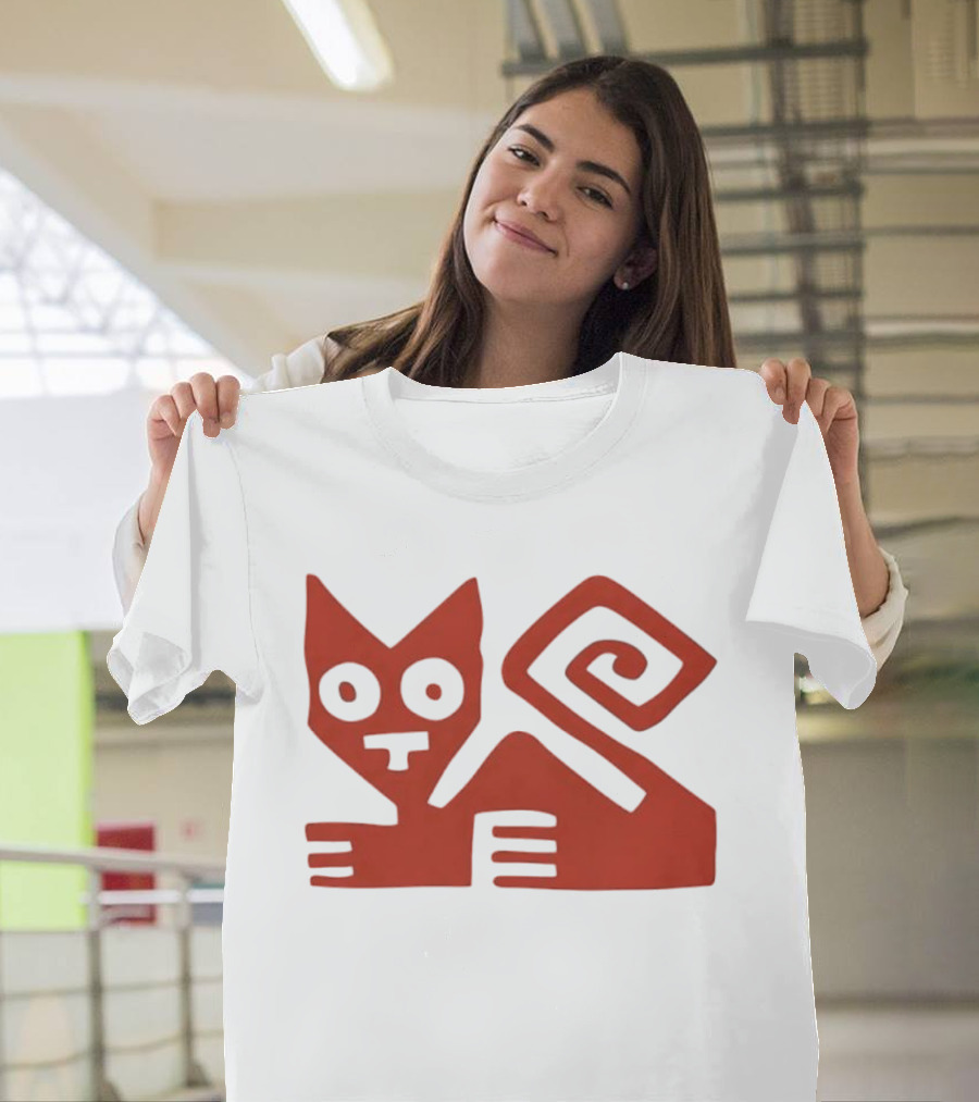 Peruvian Cat Nazca Lines Style Geometric Red T-Shirt
