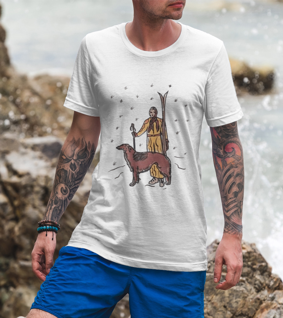 Woman Skiing With Borzoi Dog In Winter Sports Scene T-Shirt