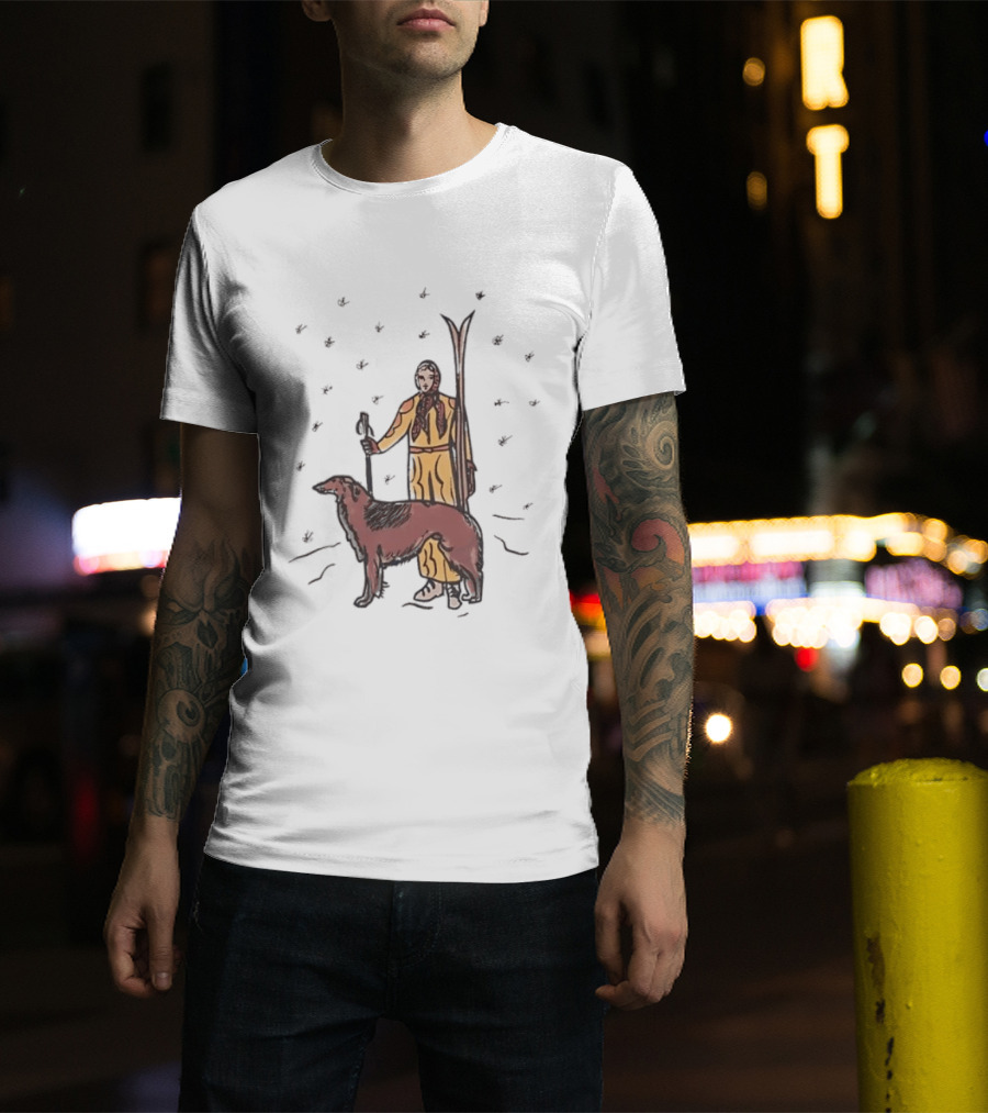 Woman Skiing With Borzoi Dog In Winter Sports Scene T-Shirt