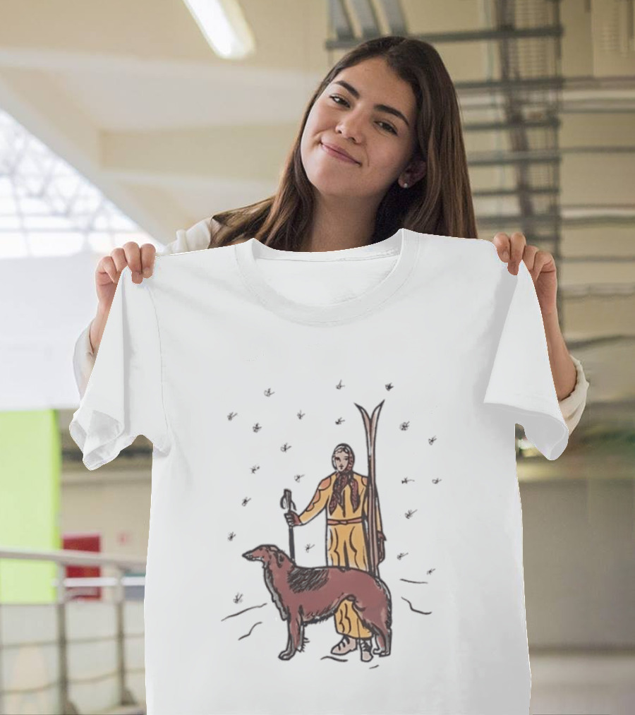 Woman Skiing With Borzoi Dog In Winter Sports Scene T-Shirt