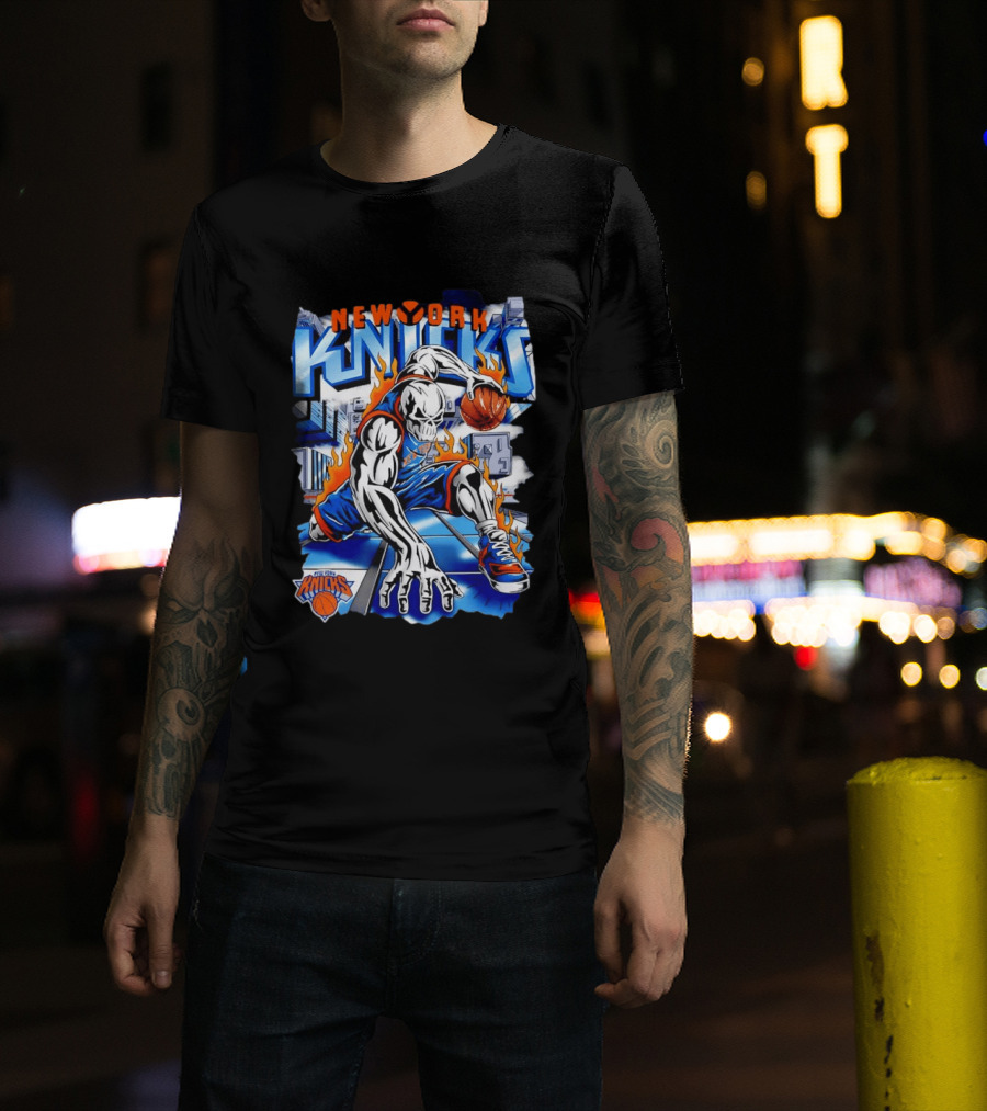 New York Knicks NBA Basketball Skull Player And City Flames T-Shirt