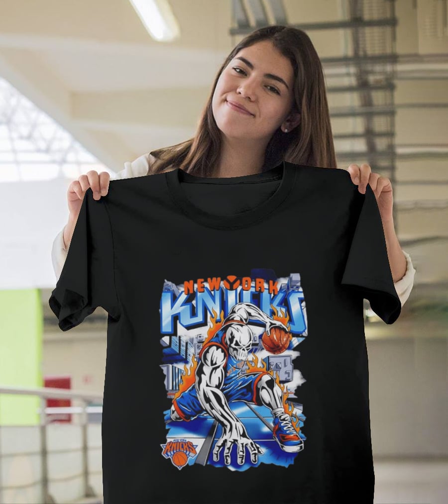 New York Knicks NBA Basketball Skull Player And City Flames T-Shirt