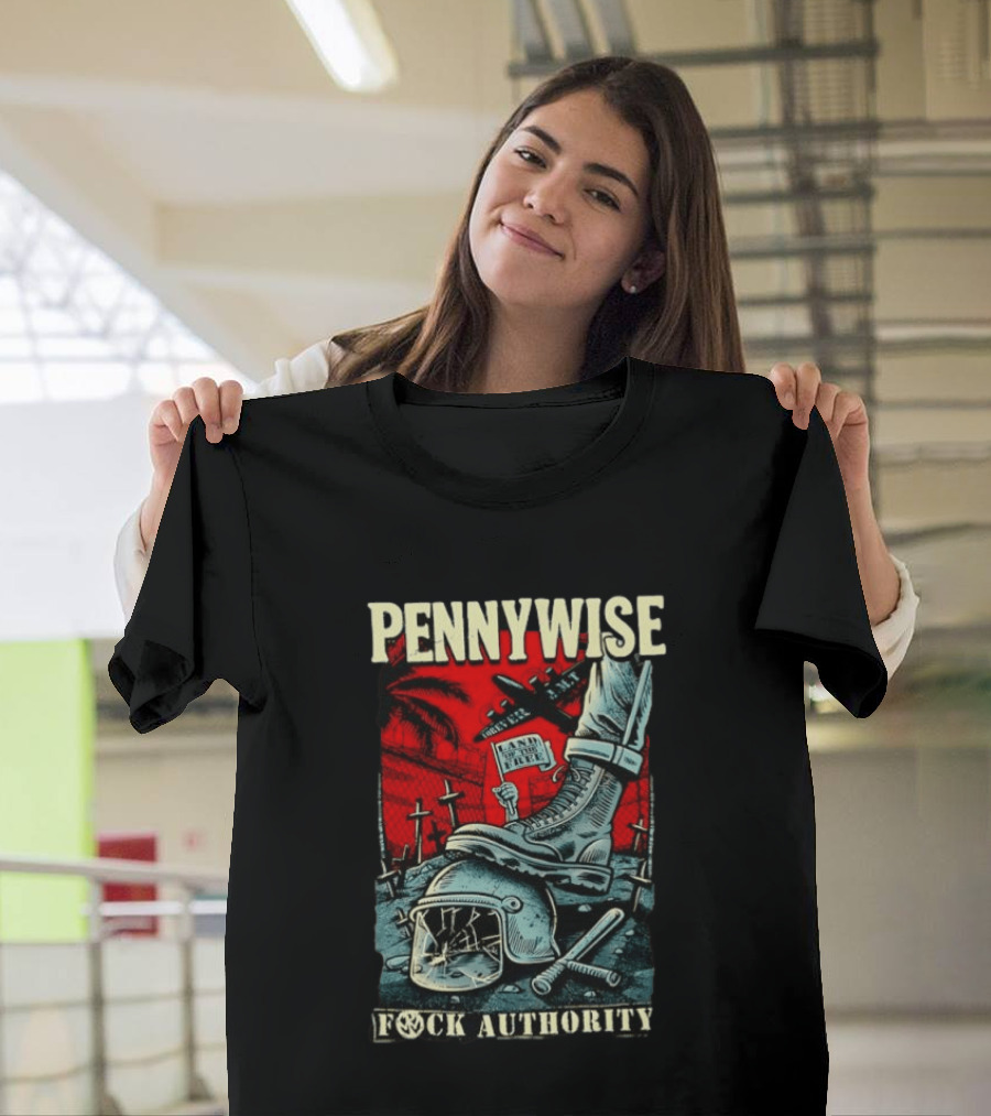Pennywise Fock Authority Land Of The Free Forever Dystopian Punk Imagery With Boot And Helmet T-Shirt