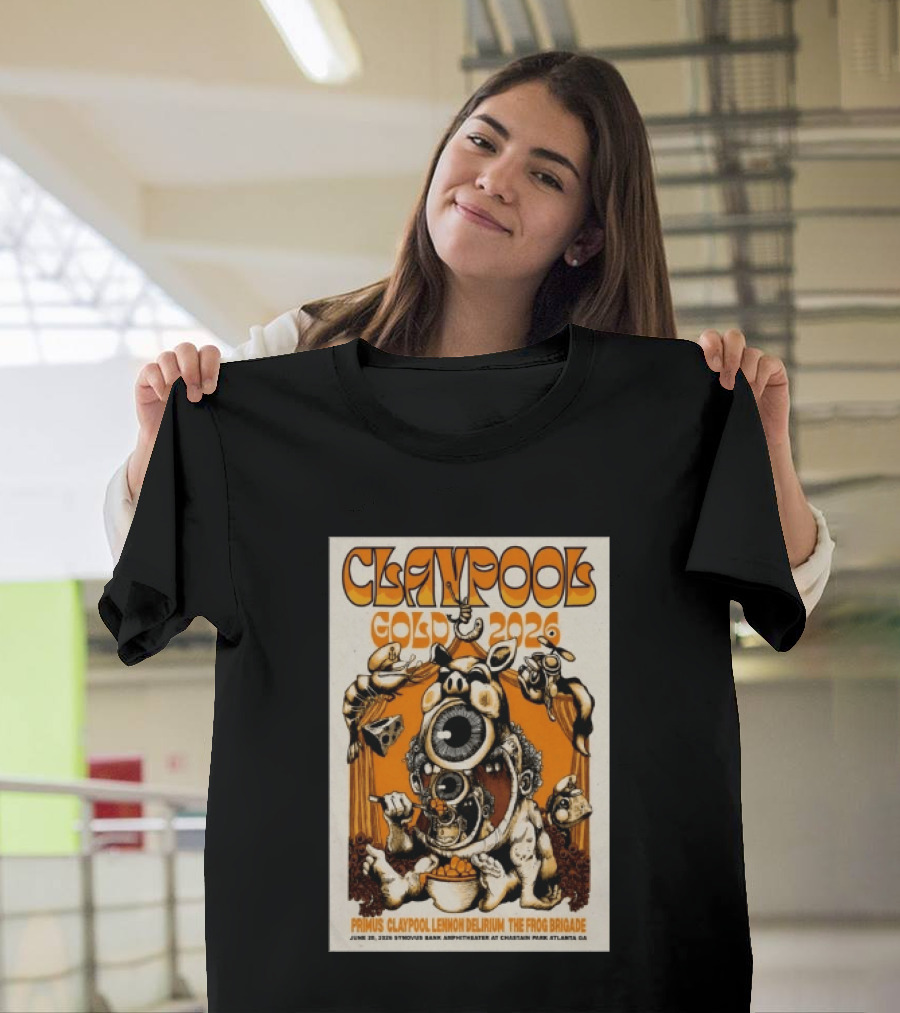 Les Claypool Gold 2026 Primus Delirium Frog Brigade June 20 Synovus Bank Amphitheater Atlanta T-Shirt