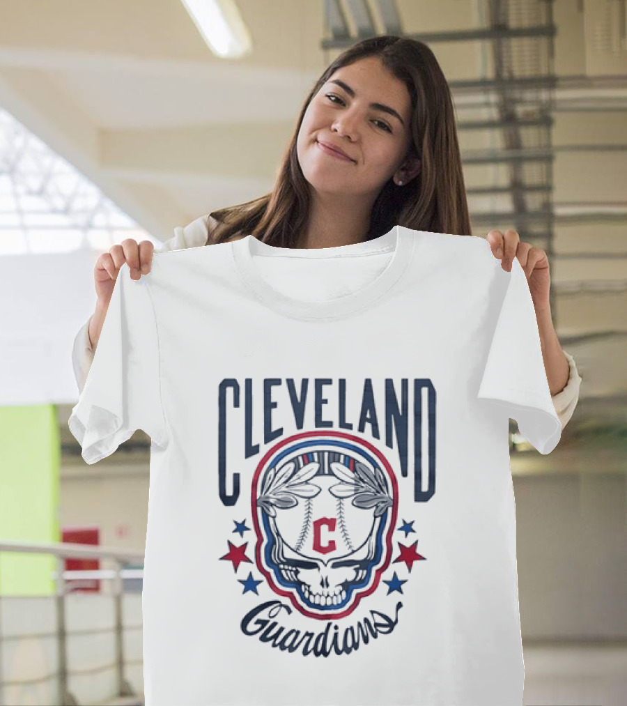 Cleveland Guardians Skull Baseball Laurel Wreath Stars T-Shirt