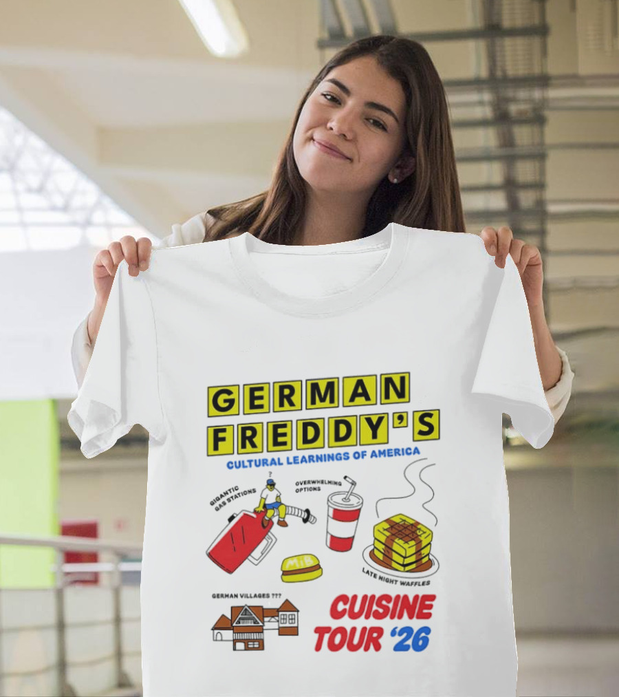 German Freddy's Cultural Learnings Of America Cuisine Tour '26 Village Fest Waffle Burger Soda T-Shirt