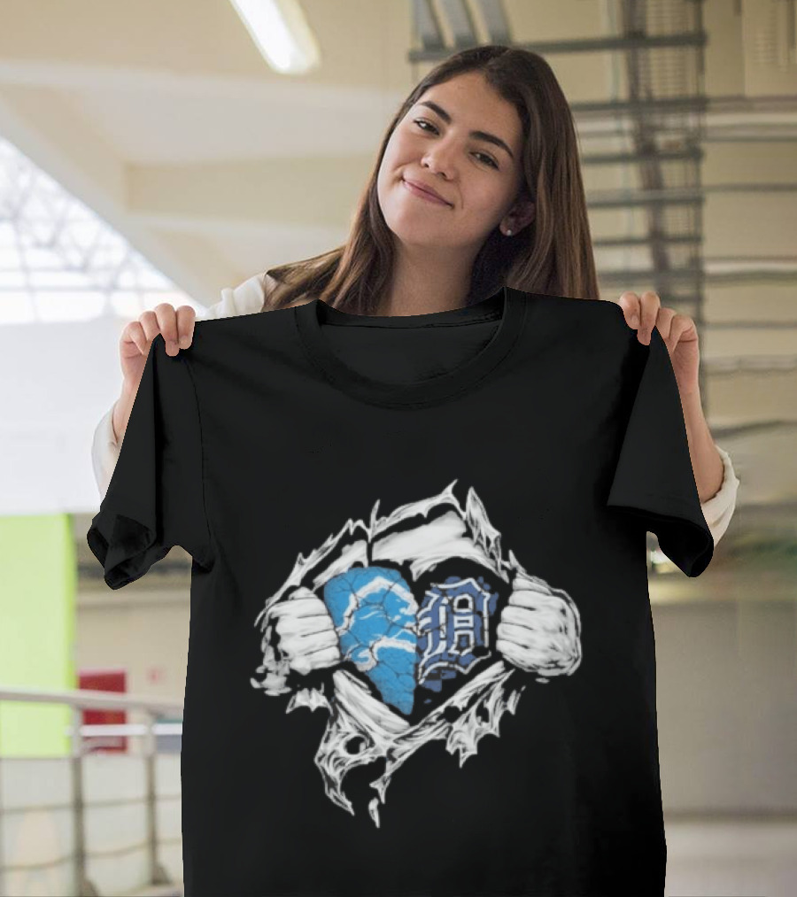 Detroit Lions Tigers Heart Ripped Design Collaboration Sports Fandom T-Shirt