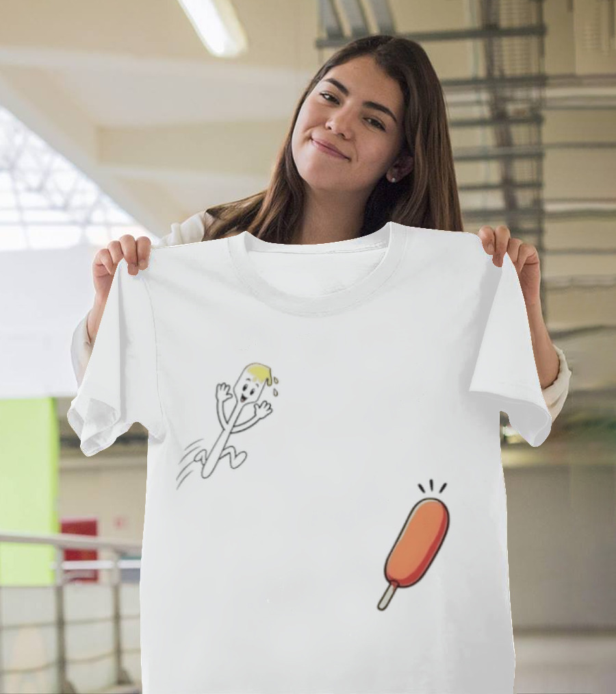 Spork Vs Corn Dog Humorous Food Chase Cartoon T-Shirt