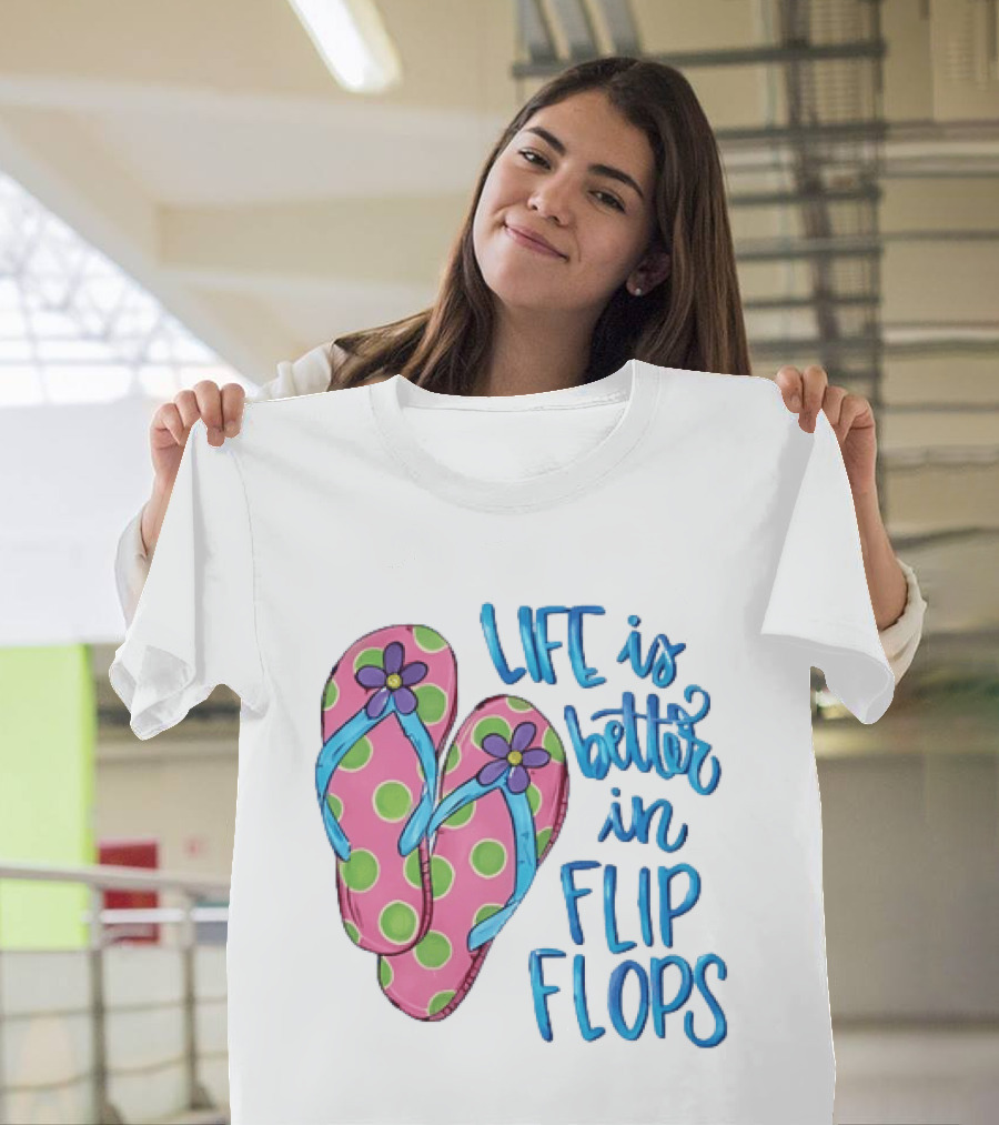 Life Is Better In Flip Flops With Pink Polka Dot And Blue Flower Sandals T-Shirt