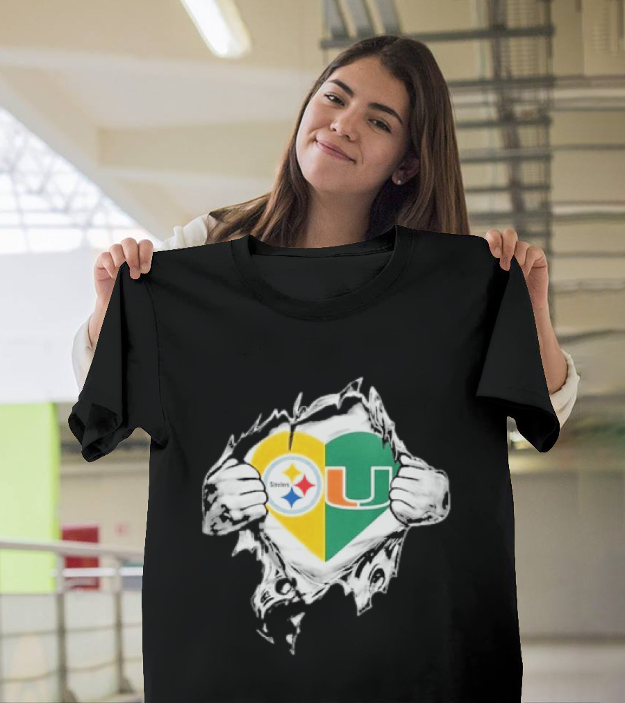 Steelers Miami Hurricanes Heart In My DNA Hands Football Fan Pride T-Shirt