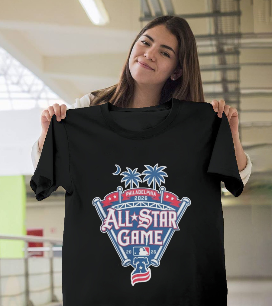 MLB All Star Game Philadelphia 2026 Palm Trees Baseball Bat Logo Night Skyline T-Shirt