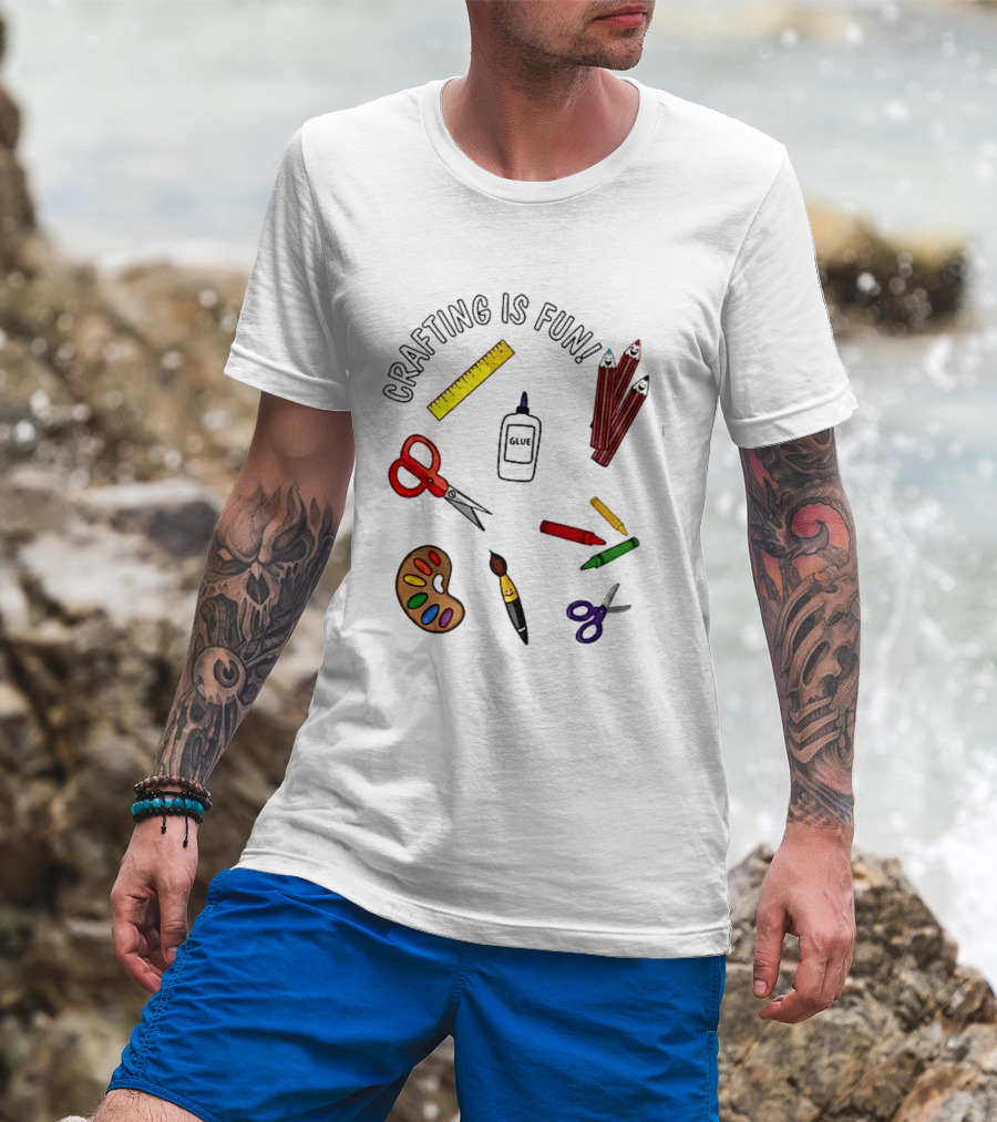 Crafting Is Fun Supplies Scissors Glue Paintbrush Crayons Palette Ruler T-Shirt