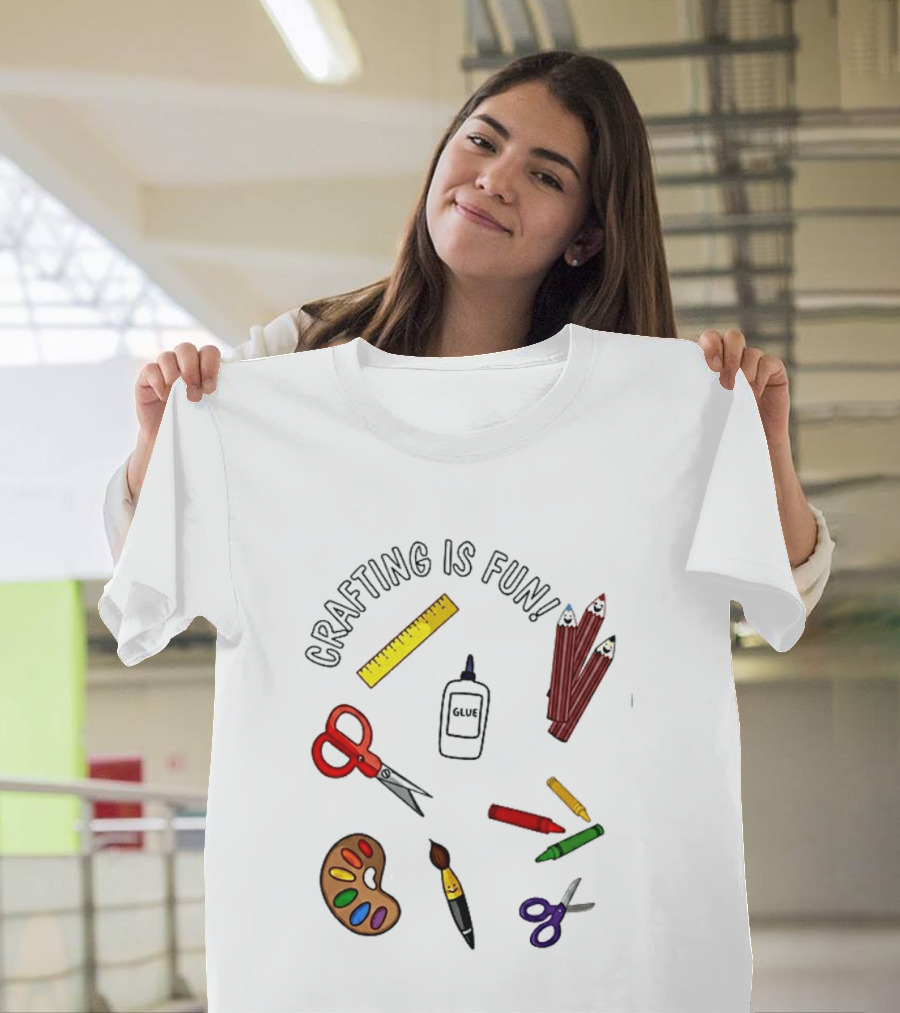 Crafting Is Fun Supplies Scissors Glue Paintbrush Crayons Palette Ruler T-Shirt