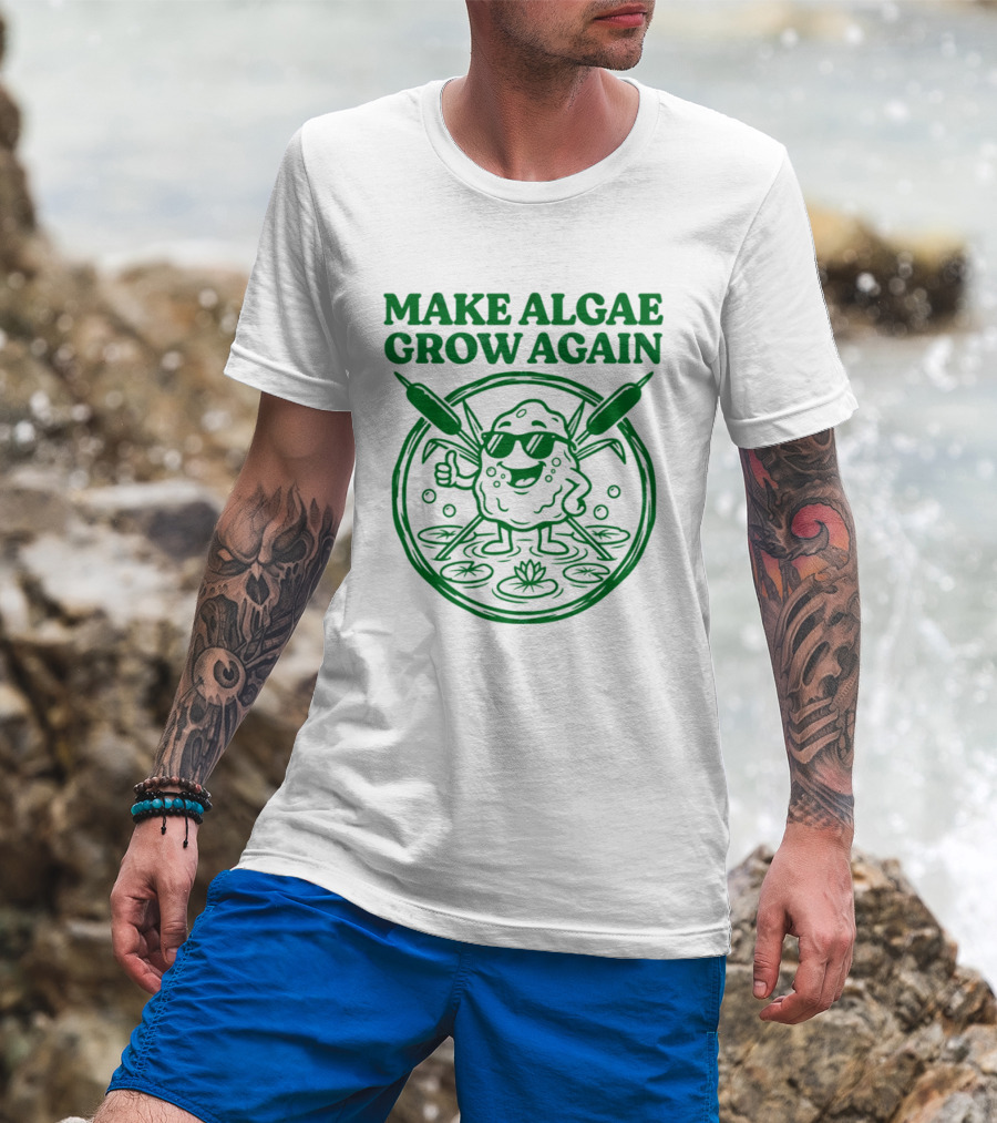 MAKE ALGAE GROW AGAIN Cartoon Thumbs Up With Sunglasses And Cattails Circular Frame T-Shirt