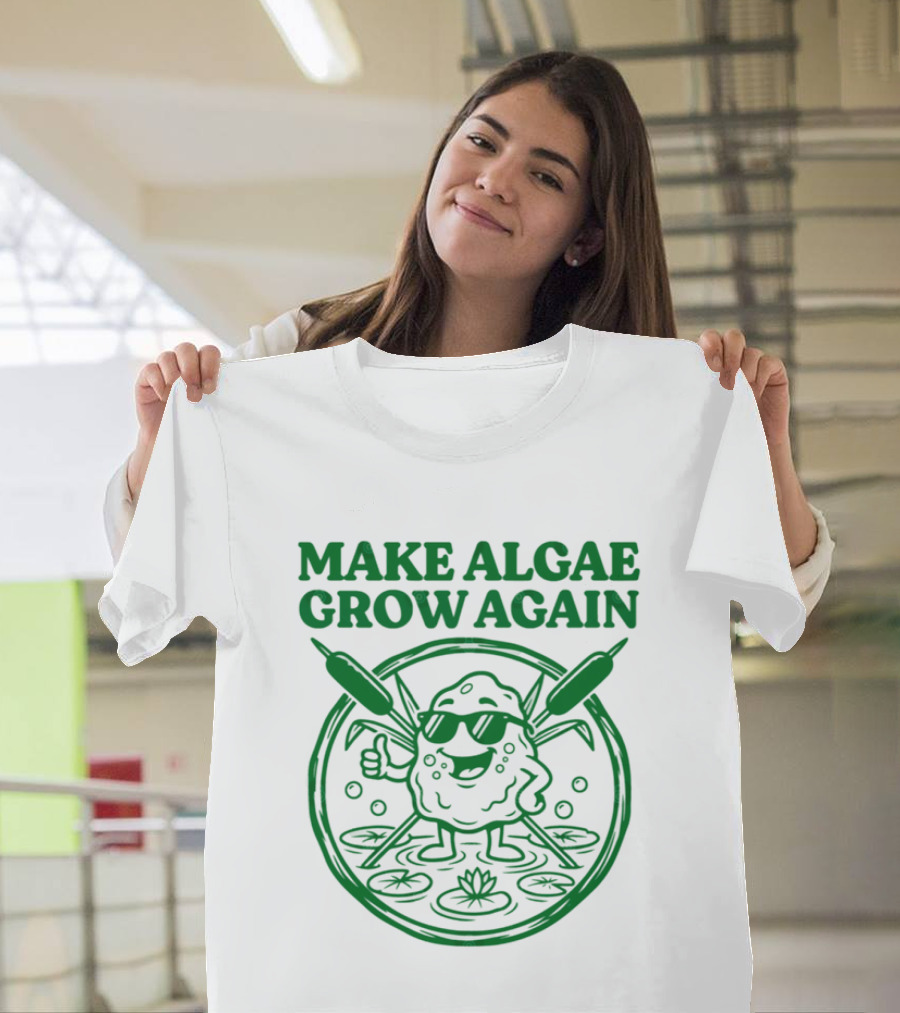 MAKE ALGAE GROW AGAIN Cartoon Thumbs Up With Sunglasses And Cattails Circular Frame T-Shirt