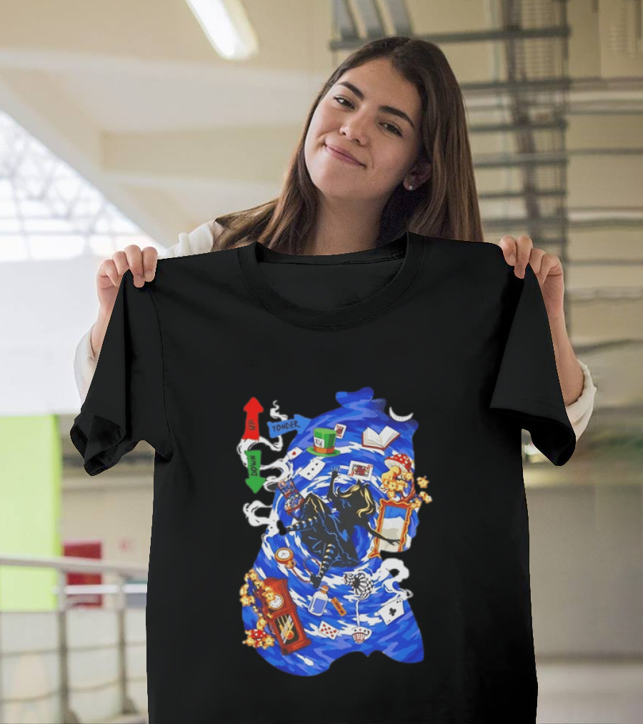 Alice In Wonderland Through The Rabbit Hole Down Yonder With Wonderland Icons And Vortex T-Shirt