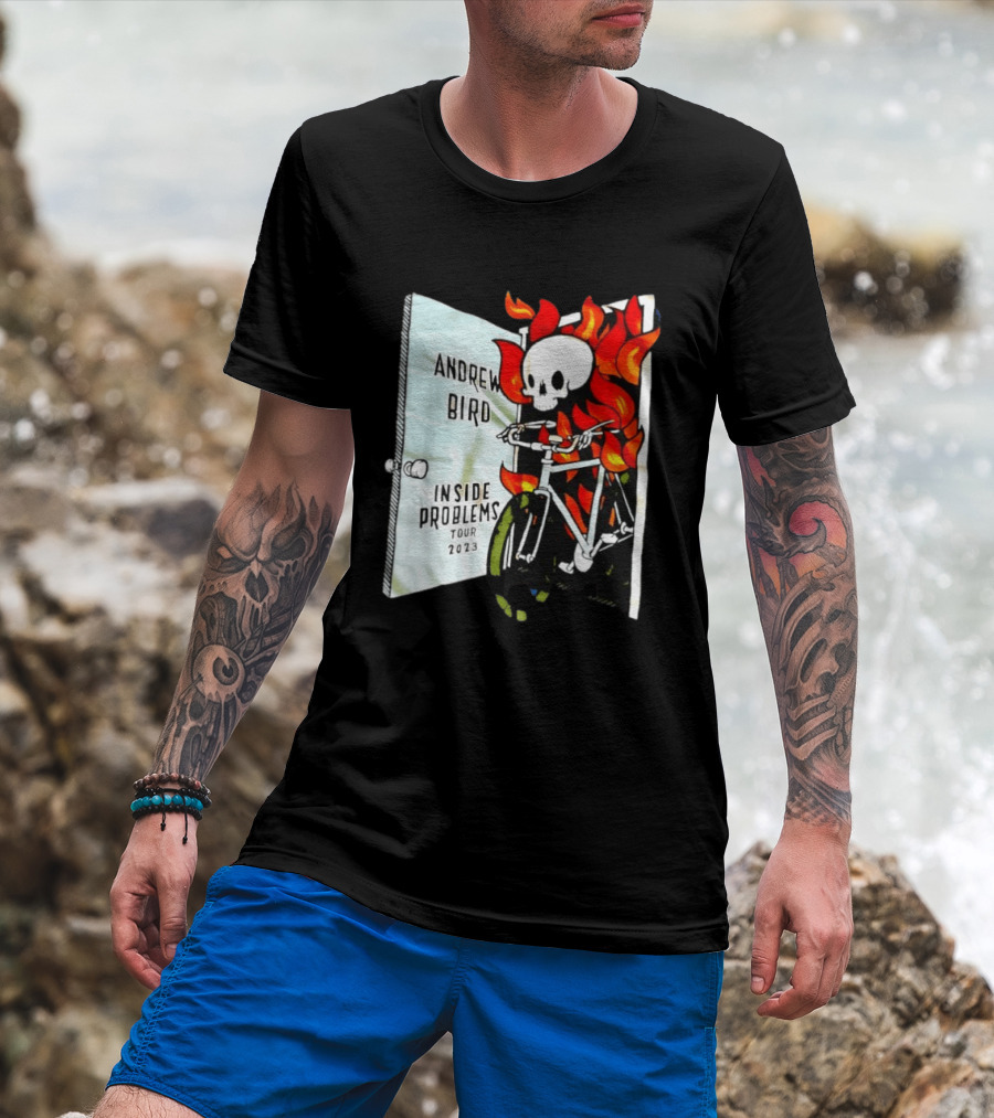 Andrew Bird Inside Problems Tour 2023 Flaming Skeleton On Bicycle T-Shirt